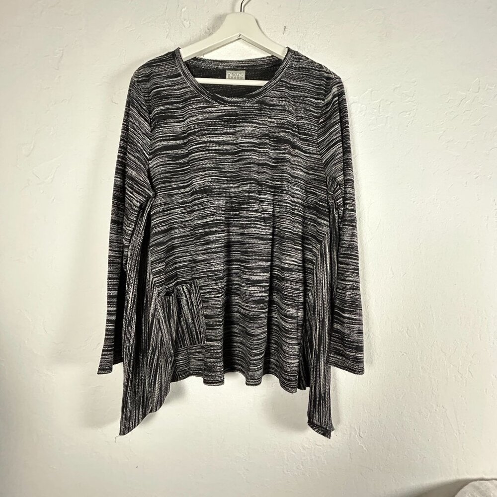 Niche Nilgun Derman Womens Black White Striped Long Sleeve Asymmetric Top Medium
